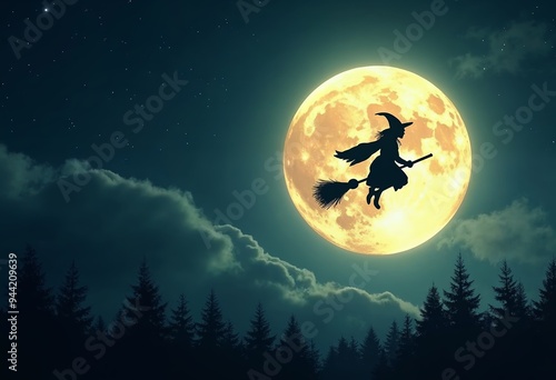 Silhouette of a witch flying on a broomstick against a full moon at night.