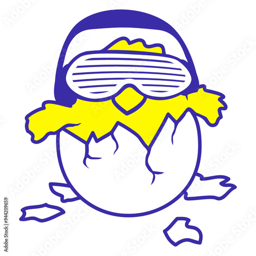 Hatching Chicken Egg Bird Cute Little Animal Head Enjoy Music DJ Face Headphone Sunglasses Party Night Listen Loud Bass Sound Dancing Clubber Raver Comic Fun Disco Club Band Concert Techno Discothek