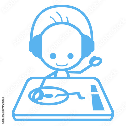 Cute Little Guy Deejay Child Children Music Vinyl Mixing Console Table Turntable DJ Cool Face Headphone Party Night Listen Loud Bass Sound Dancing Clubber Raver Fun Disco Club Techno Discothek
