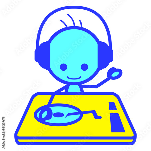 Cute Little Guy Deejay Child Children Music Vinyl Mixing Console Table Turntable DJ Cool Face Headphone Party Night Listen Loud Bass Sound Dancing Clubber Raver Fun Disco Club Techno Discothek