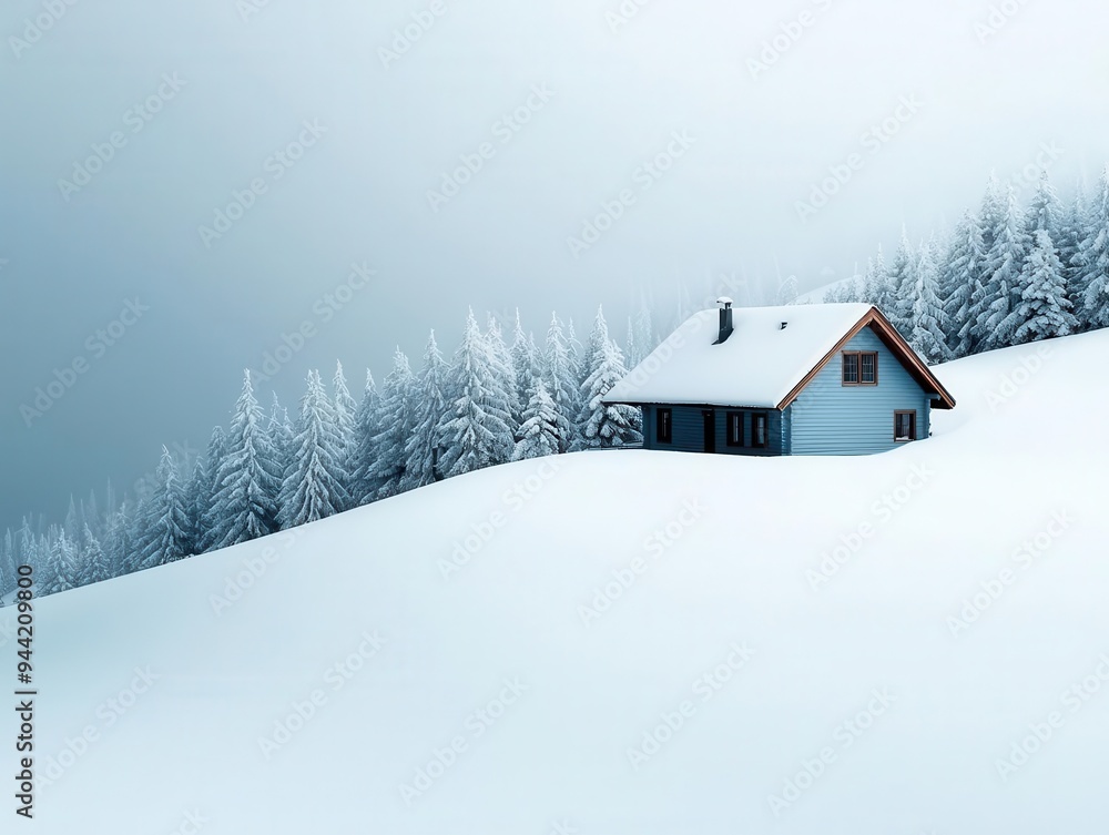 Snowstorm engulfing a mountain cabin, harsh weather, snow-covered surroundings Snowstorm engulfing a mountain cabin, harsh weather, snow-covered surroundings