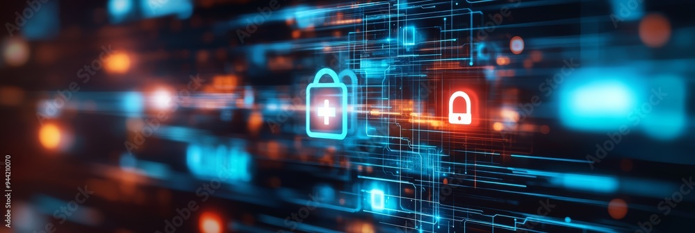 Digital lock icon with glowing elements on a high-tech interface background. Perfect for cyber security and secure data protection. Digital lock icon with glowing elements on a high-tech interface background. Perfect for cyber security and secure data protection.