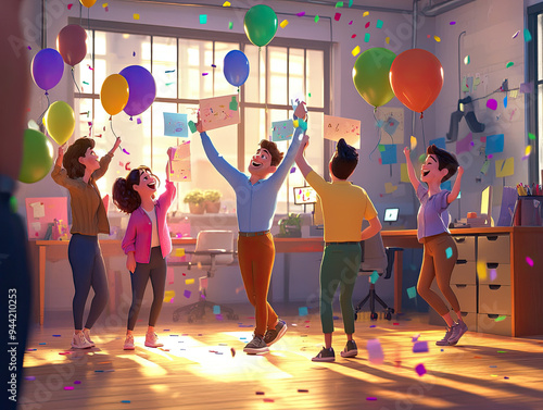 Animated Team Celebrating Startup Success with Balloons and Confetti in Office