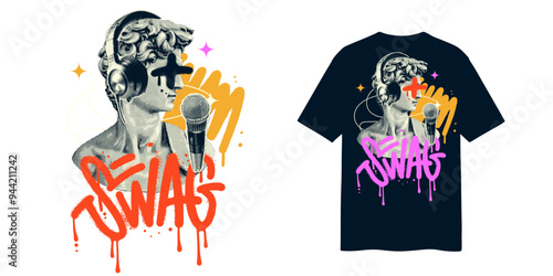 Antique sculpture in headphones and the slogan SWAG for t-shirt print design. Vector halftone collage design with graffiti littering.