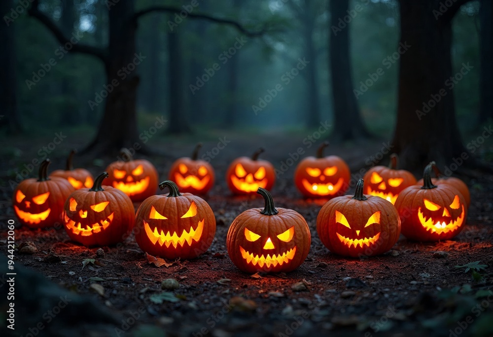 Glowing jack-o'-lanterns in a spooky forest at dusk for Halloween. Glowing jack-o'-lanterns in a spooky forest at dusk for Halloween.