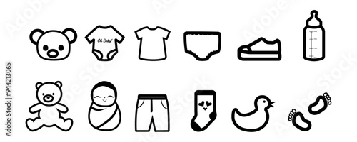 Baby and newborn doodle set. icons: thin vector icon set, black and white kit. Kids outfit and supplies hand drawn outline doodle icon set for print, web, mobile and infographics. Vector illustration.