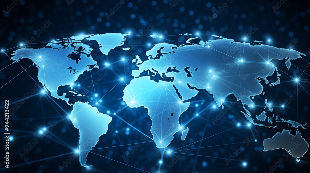 A light blue background with a digital world map and global network connections, representing the concept of international business or connectivity A light blue background with a digital world map and global network connections, representing the concept of international business or connectivity