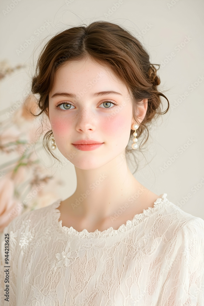 Elegant Young Woman with Natural Makeup and Pearl Earrings Elegant Young Woman with Natural Makeup and Pearl Earrings