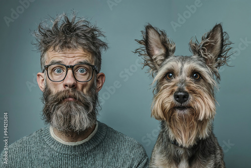 Portrait of a man with glasses and beard and a giant schnauzer dog. Dog and owner look very similar.