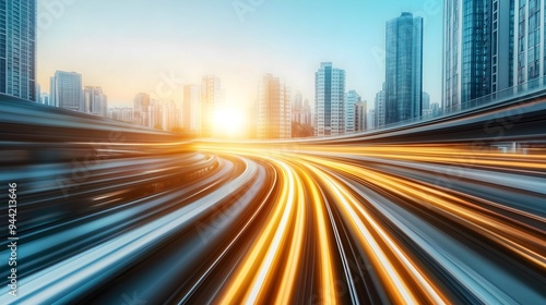 Light trails are illuminating the highway in the city at sunset