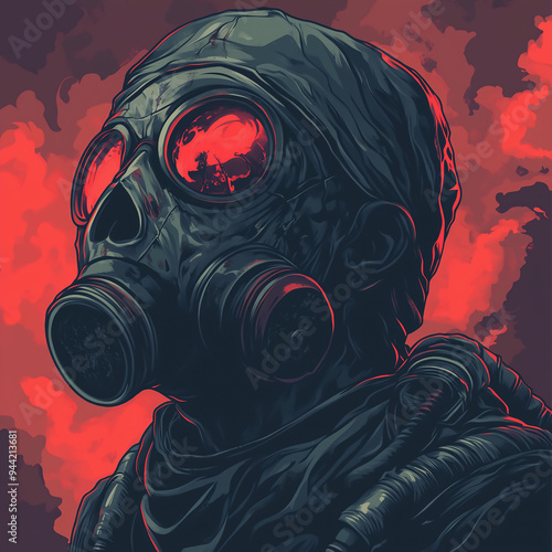 Stylized Zombie Illustration in Gas Mask: Ideal for Posters, Banners, and Creative Marketing Materials photo