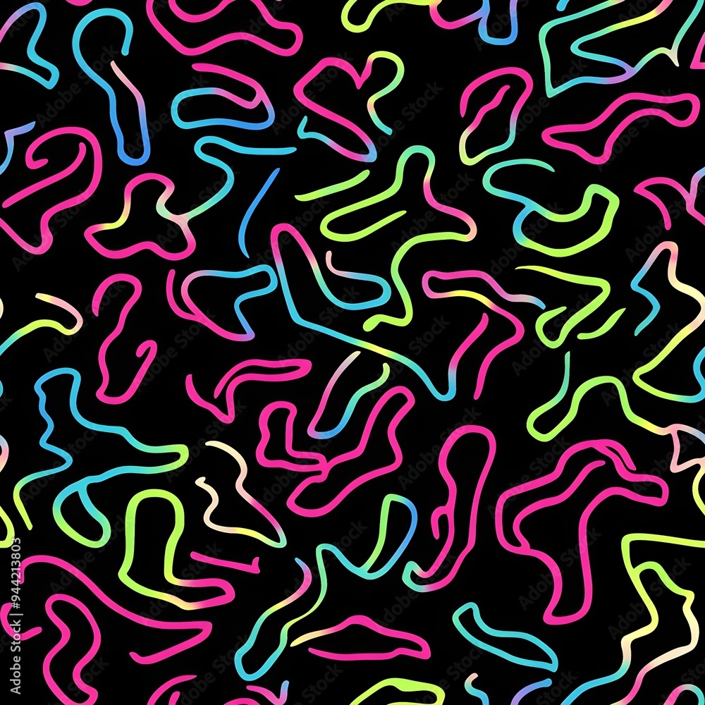 Seamless pattern with a glowing electric neon bandana in pink, lime green, and blue on a black background Seamless pattern with a glowing electric neon bandana in pink, lime green, and blue on a black background