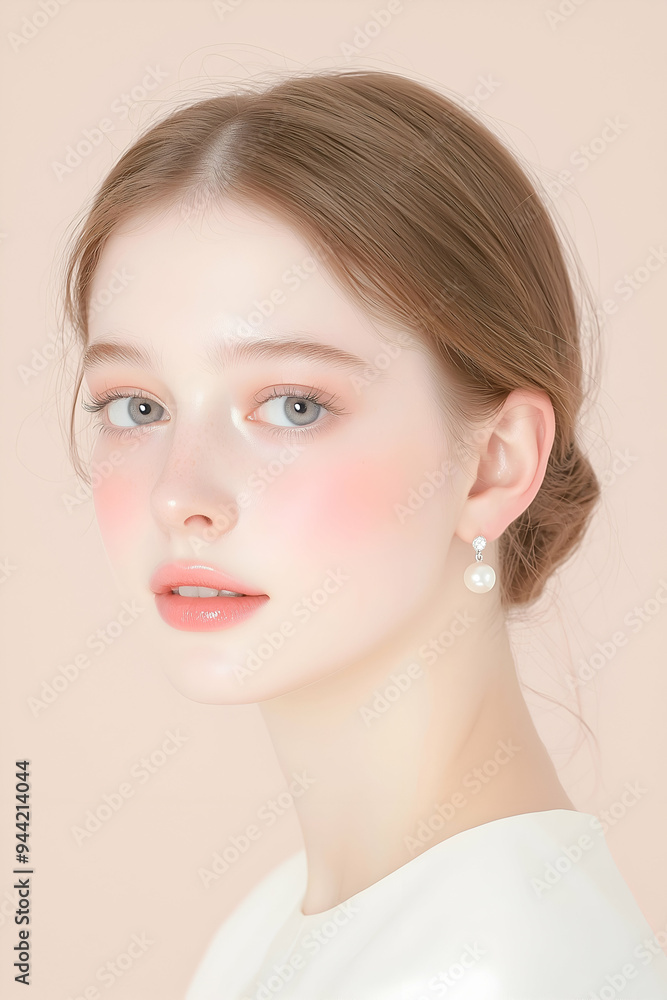 Fototapeta premium Elegant Young Woman with Natural Makeup and Pearl Earrings