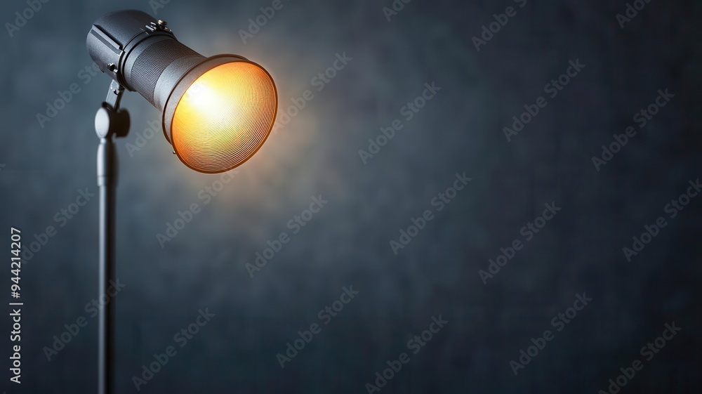 Close-up of a single spotlight casting a focused beam on a dark stage Close-up of a single spotlight casting a focused beam on a dark stage