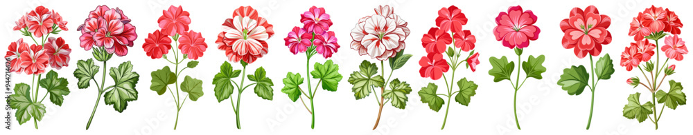 Obraz premium Vibrant Geranium Flowers with Green Leaves Illustration - illustration of vibrant pink geranium flowers surrounded by lush green leaves. Perfect for botanical, floral, and nature-themed designs.