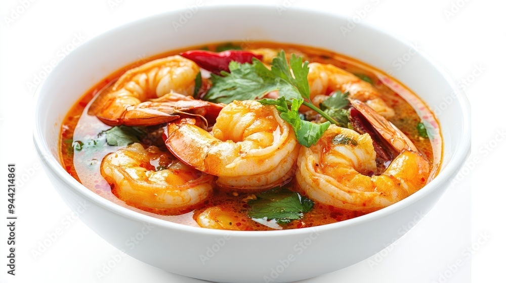 Close-up of shrimp Tom Yum, showcasing juicy shrimp, lemongrass, and chili in a vibrant broth against a clean white background, no people. Close-up of shrimp Tom Yum, showcasing juicy shrimp, lemongrass, and chili in a vibrant broth against a clean white background, no people.