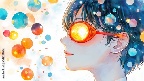 Artistic depiction of a person wearing goggles with colorful abstract circles representing vision and imagination.