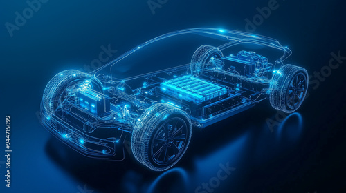 An electric car lithium battery pack is illustrated with power connections, showcasing the core of modern automotive technology in a vibrant blue tone photo