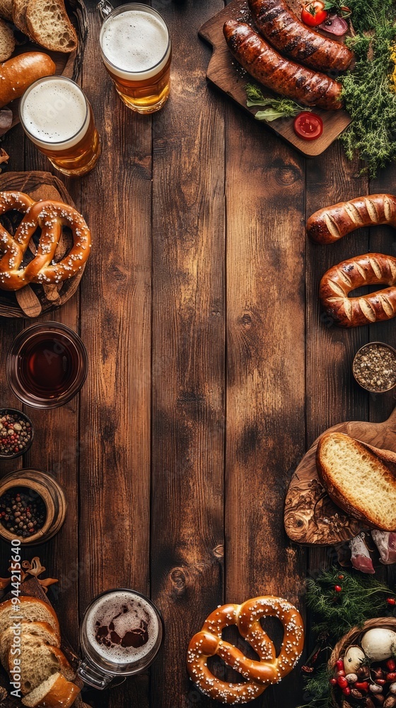 A festive spread of sausages, pretzels, and drinks on a rustic wooden table during a lively gathering. Vertical banner A festive spread of sausages, pretzels, and drinks on a rustic wooden table during a lively gathering. Vertical banner