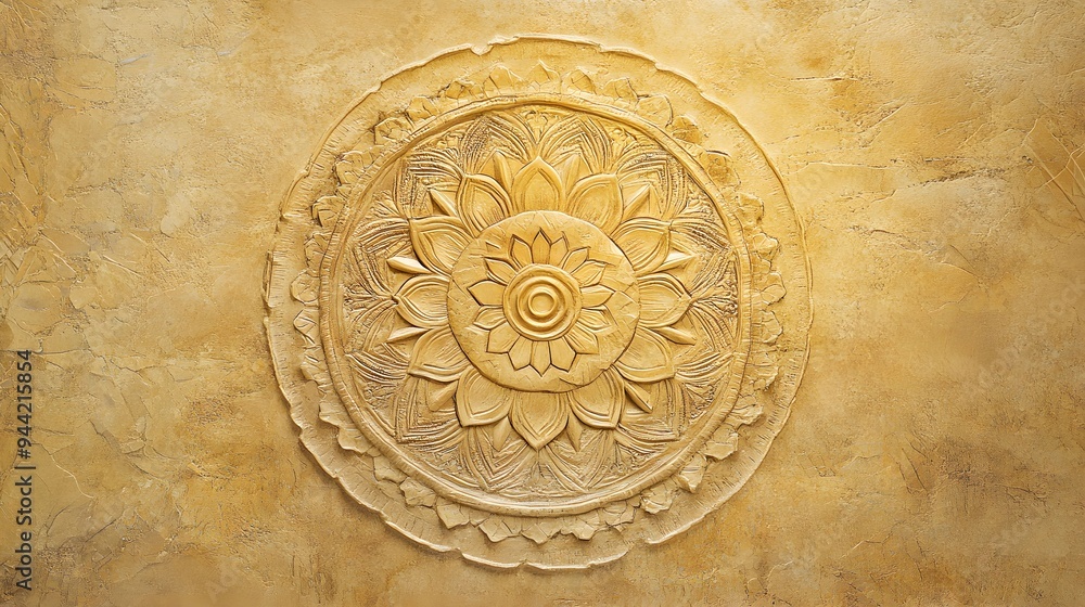Obraz premium Soft earthy golden tan sandstone textured background with mandala decorations - copy space, frame