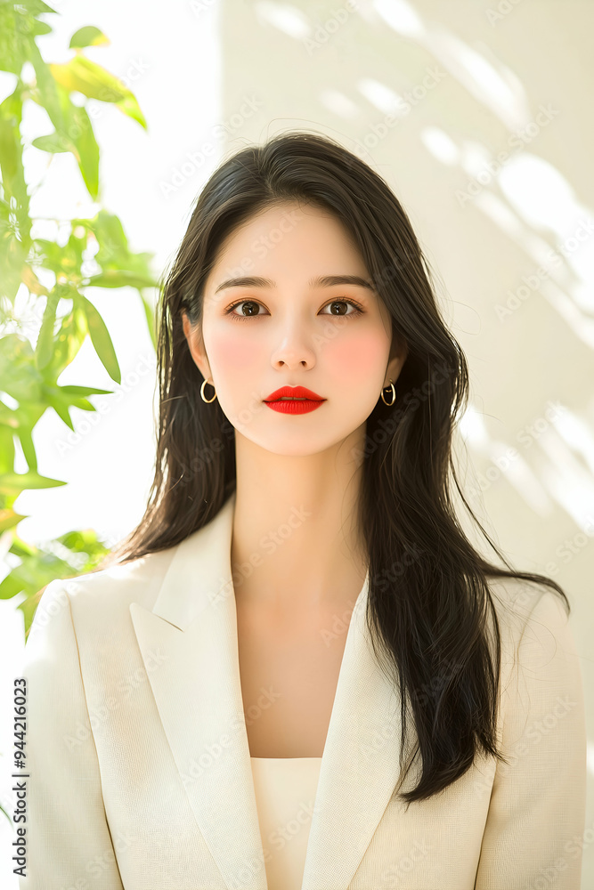 Elegant Woman in Natural Light with Red Lipstick and Leafy Background Elegant Woman in Natural Light with Red Lipstick and Leafy Background