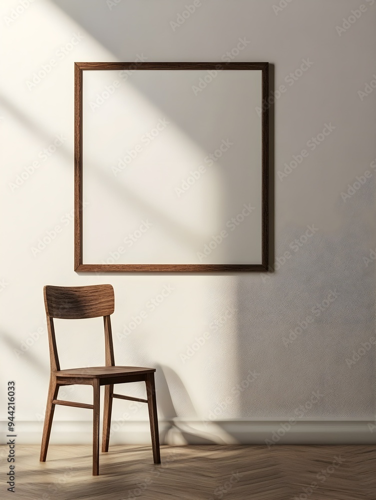 Square Frame with Poster Mockup standing on the wooden chair. 3d rendering Square Frame with Poster Mockup standing on the wooden chair. 3d rendering