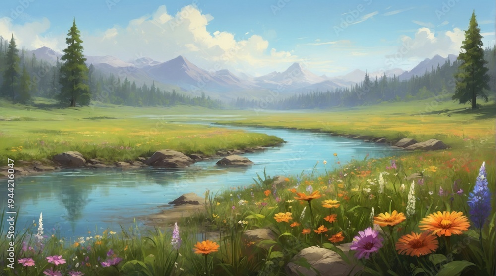 Amazing illustration of calm river in the mountains Amazing illustration of calm river in the mountains