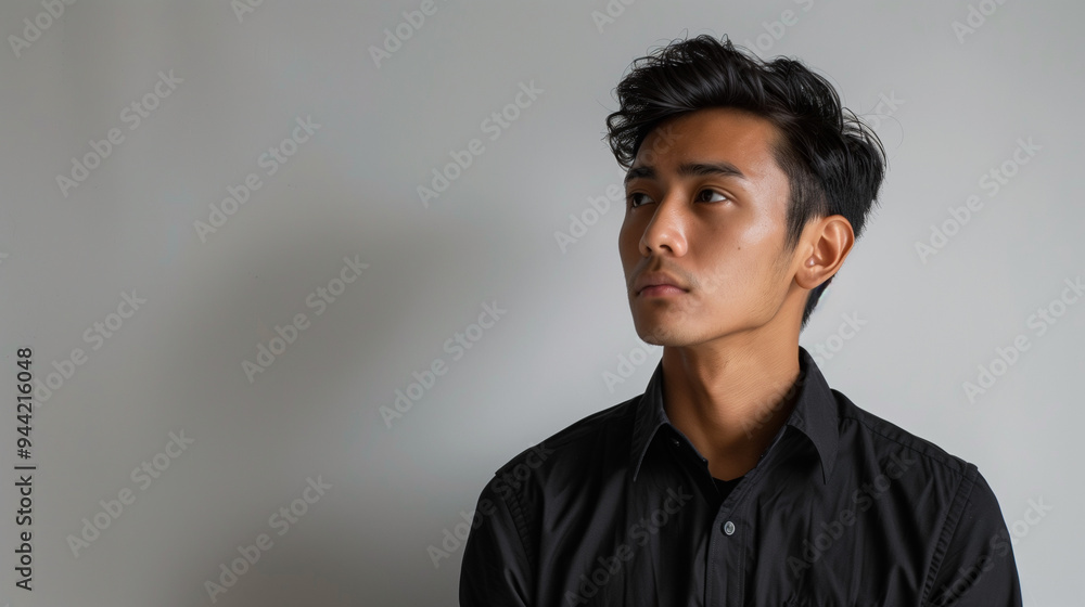 asian young man model in black shirt looking away, space for copy, isolated background asian young man model in black shirt looking away, space for copy, isolated background