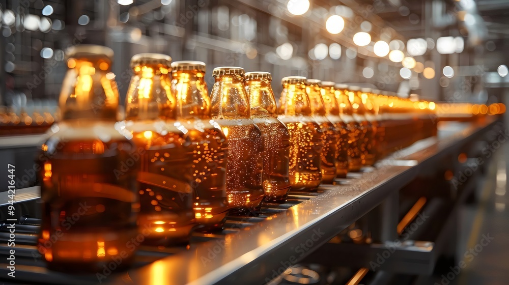 A row of bottles on a conveyor belt in a factory A row of bottles on a conveyor belt in a factory
