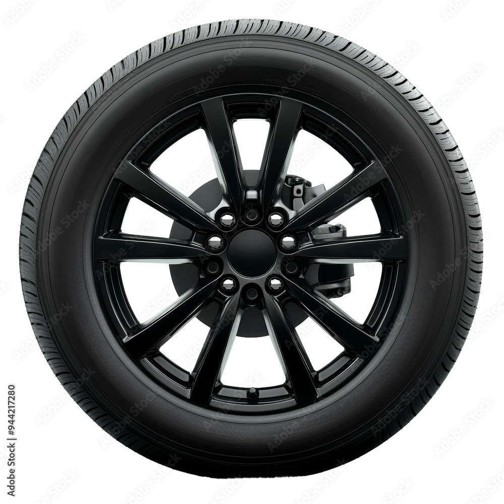 Fototapeta premium A sleek black alloy wheel featuring a distinctive multi-spoke design along with visible brake components for enhanced performance. Transparent background PNG