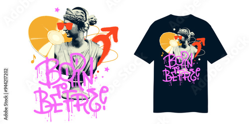 Modern tee print of antique statue with dotted halftone effect. Urban music graffiti for streetwear, print for t-shirts and hoodies isolated. Vector illustration with lettering Born to be free.