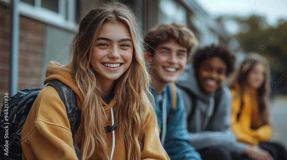 A group of teenagers sitting on the steps of the school, laughing and talking about their first day back. A group of teenagers sitting on the steps of the school, laughing and talking about their first day back.