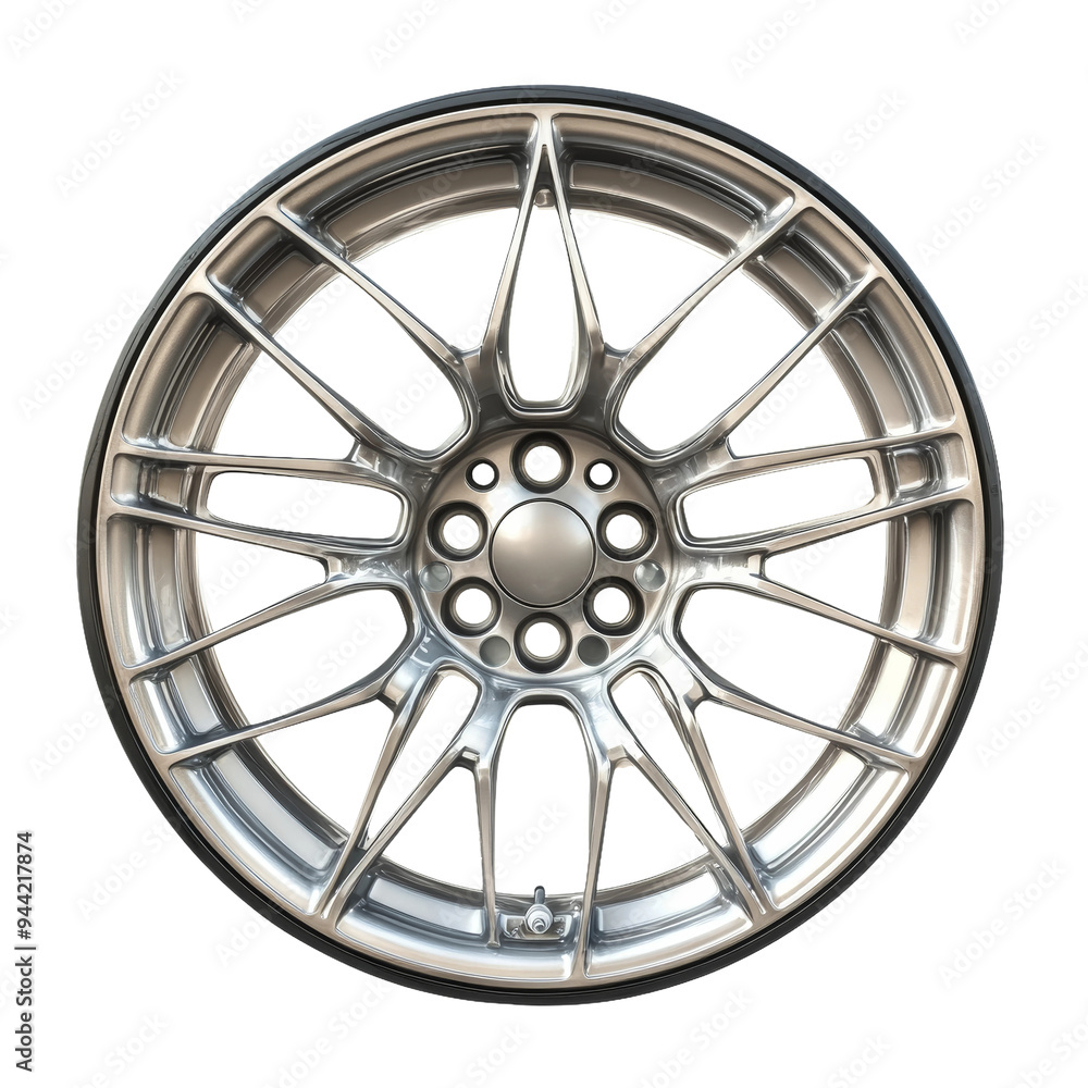 Obraz premium This detailed aluminum alloy wheel showcases its sleek design and shiny finish, perfect for enhancing any vehicle's appearance. Transparent background PNG