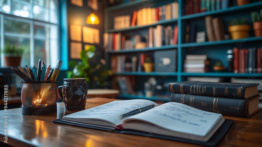 A student’s desk with an open notebook, pen, and a stack of textbooks, symbolizing a day of studying. A student’s desk with an open notebook, pen, and a stack of textbooks, symbolizing a day of studying.