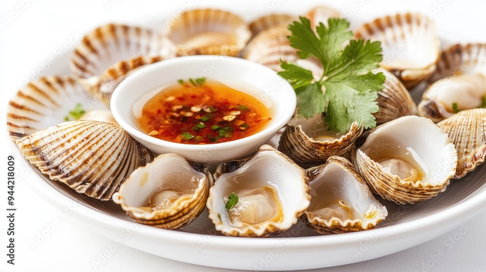 Close-up of steamed cockles elegantly placed on a plate, with a delicious dipping sauce, isolated on a white background, no people. Close-up of steamed cockles elegantly placed on a plate, with a delicious dipping sauce, isolated on a white background, no people.