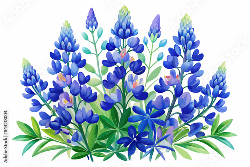 A delicate watercolor illustration showcasing vibrant blue bonnets in their full bloom, portraying nature's beauty and meticulous artistry over a white background
