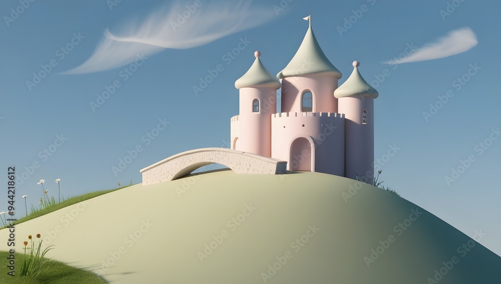 3d cute castle on the hill minimalist background