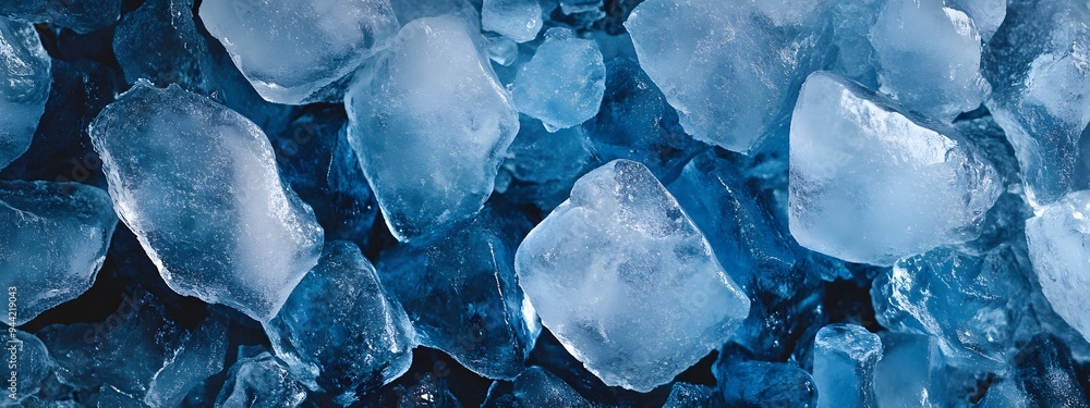 Fototapeta premium Top view of blue ice cubes in a pile on a dark background, close-up. Textured background for product presentation with copy space. Background for design