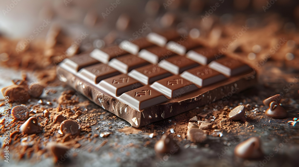Closeup of Chocolate Bar with Chocolate Chips and Cocoa Powder - Realistic Image Closeup of Chocolate Bar with Chocolate Chips and Cocoa Powder - Realistic Image