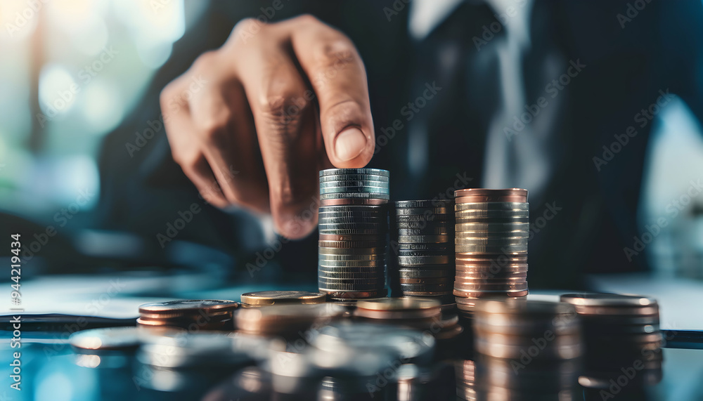 Hand stacking coins representing financial growth and investment in a warm, business setting Hand stacking coins representing financial growth and investment in a warm, business setting
