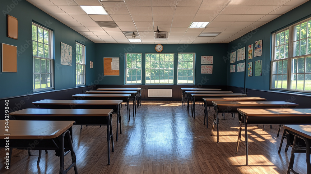 A classroom with desks neatly arranged, each one ready for the first day of school. A classroom with desks neatly arranged, each one ready for the first day of school.