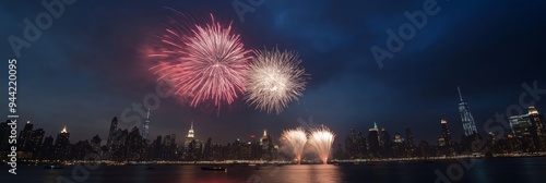 A stunning display of colorful fireworks shining brightly over a city's skyline, reflecting in the tranquil water below. photo