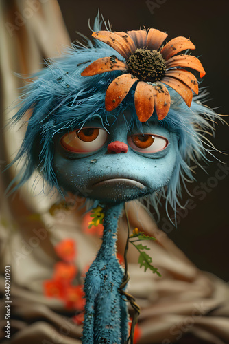  Whimsical Blue Alien with a Flower Crown and Warm Scarf in Dreamy Floral Landscape  