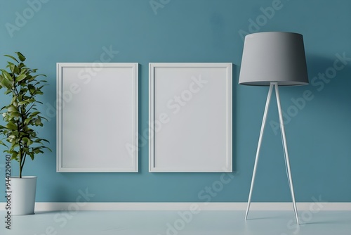 Two white poster Frames Mockup standing near blue wall with gray lamps, horizontal and vertical, 3d rendering