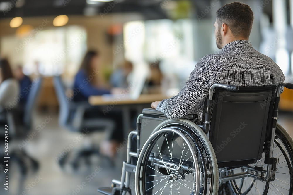 Obraz premium Man in a wheelchair working in a modern office, viewed from the back.
