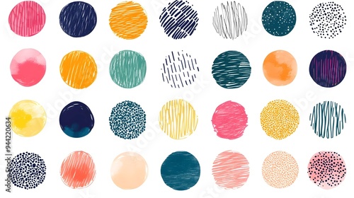 Vector colorful circle textures made with ink, pencil, brush. Geometric doodle shapes of spots, dots, strokes, stripes, lines. Set of hand drawn patterns. Template for social media or posters.