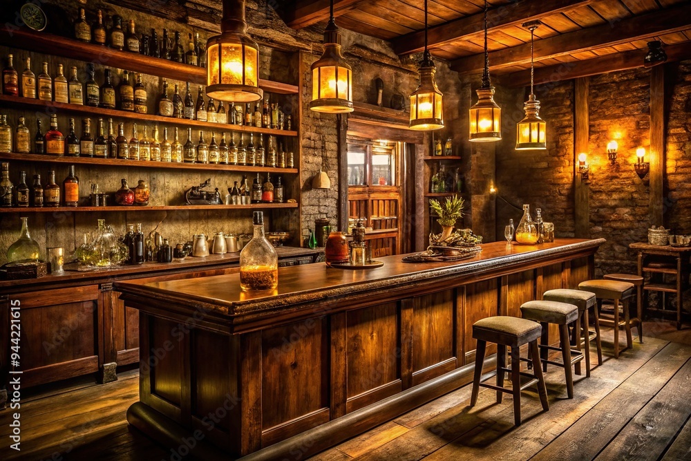 Rustic, dimly lit, old-fashioned bar with worn wooden counter, antique liquor bottles, and nostalgic decorations, evoking a bygone era of classic luxury and sophistication. Rustic, dimly lit, old-fashioned bar with worn wooden counter, antique liquor bottles, and nostalgic decorations, evoking a bygone era of classic luxury and sophistication.