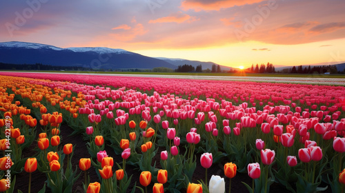 Vibrant Tulip Field at Sunset with Mountain View