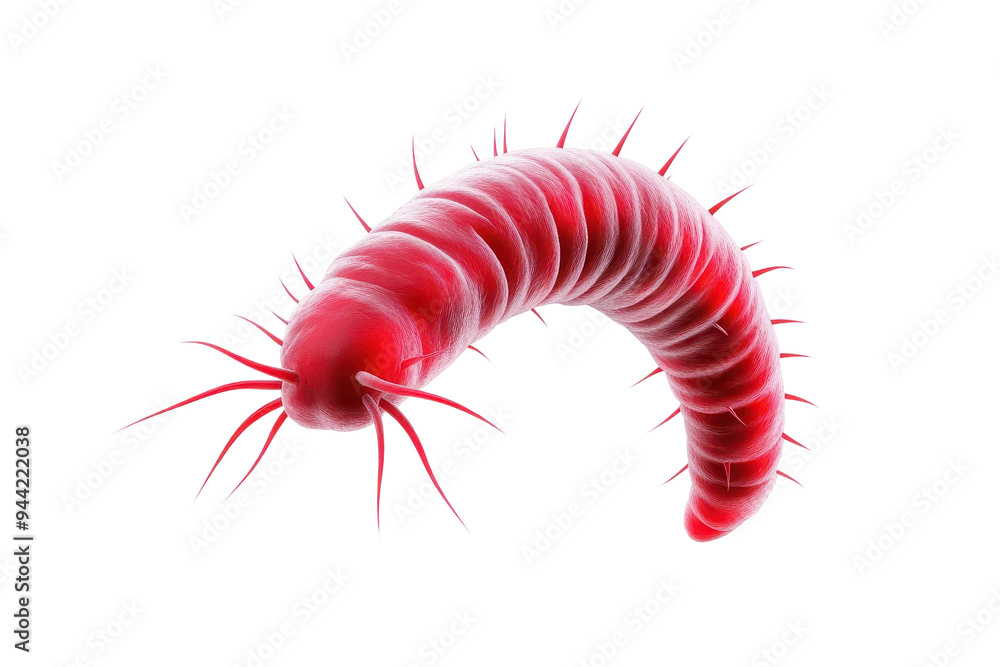 A vibrant, 3D illustration of a red worm showcasing its unique segmented body and long appendages for a biological study isolate on transparency background