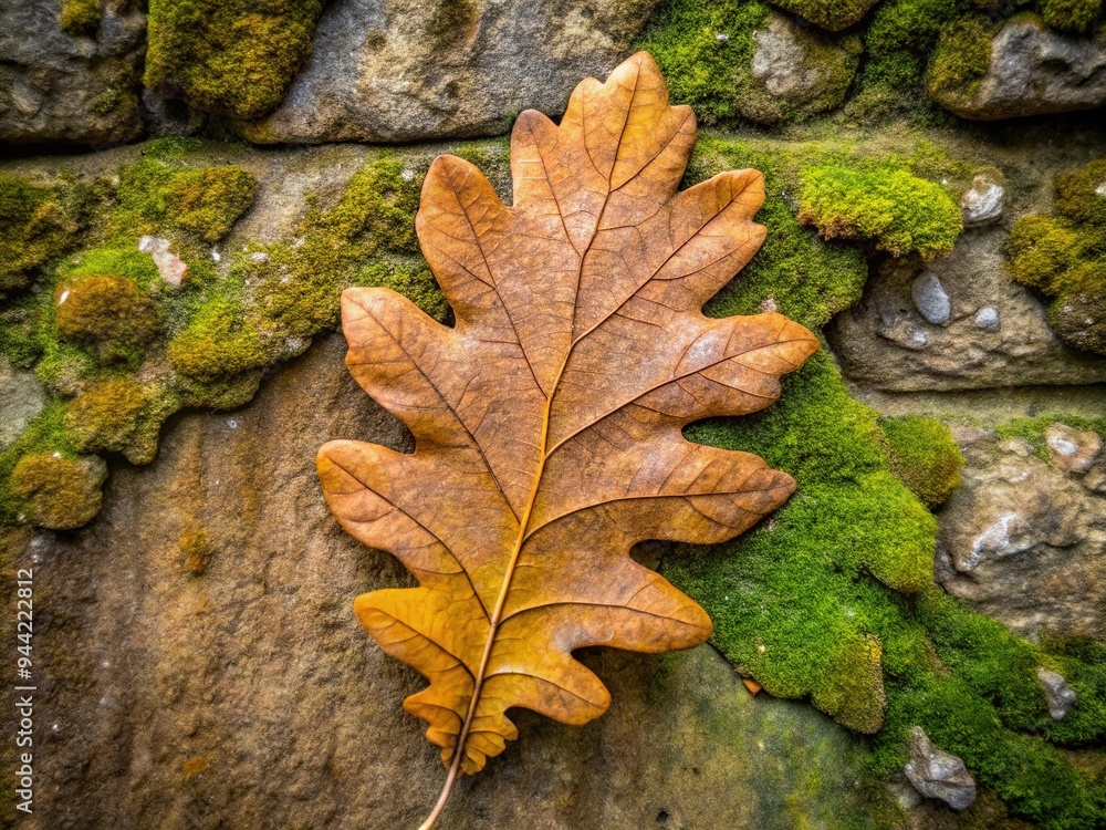 Rustic, weathered, and curvaceous French oak leaf with intricate veins and serrated edges lies isolated on a moss-covered stone wall, evoking autumnal nostalgia and natural elegance. Rustic, weathered, and curvaceous French oak leaf with intricate veins and serrated edges lies isolated on a moss-covered stone wall, evoking autumnal nostalgia and natural elegance.